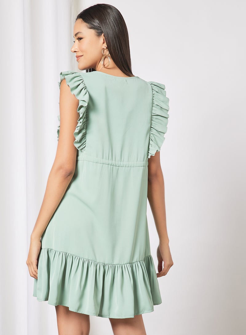 Aila - Casual V-Neck Sleeveless With Ruffle Mini A-Line Tie Up Dress Green - Image 1