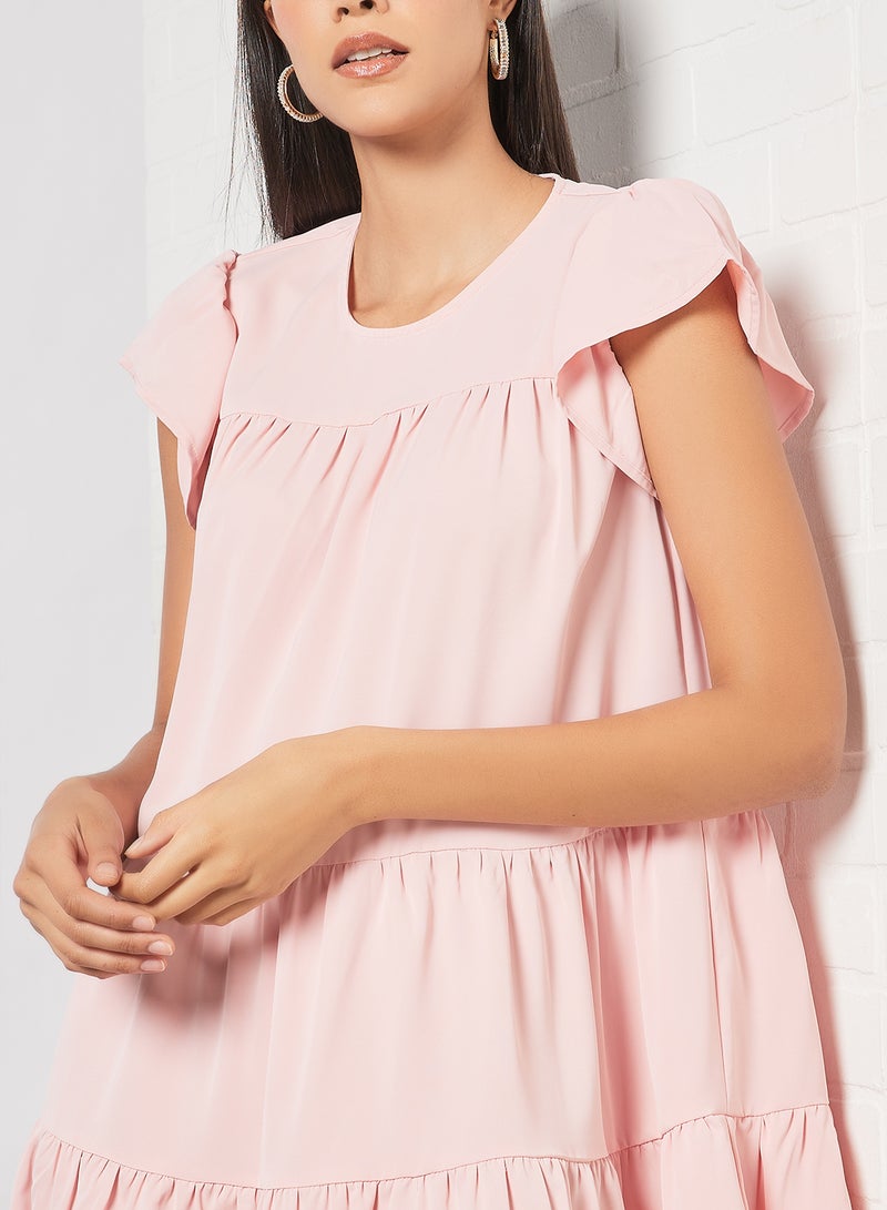 Aila - Casual Ruffle Sleeve Basic Mini Dress With Round Neck Pink - Image 1