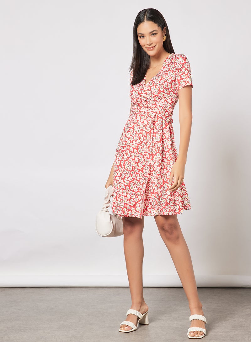 Aila Casual Short Sleeve Knee Length Belted Dress Wrap V-Neck Printed  Pattern Red - Image 3