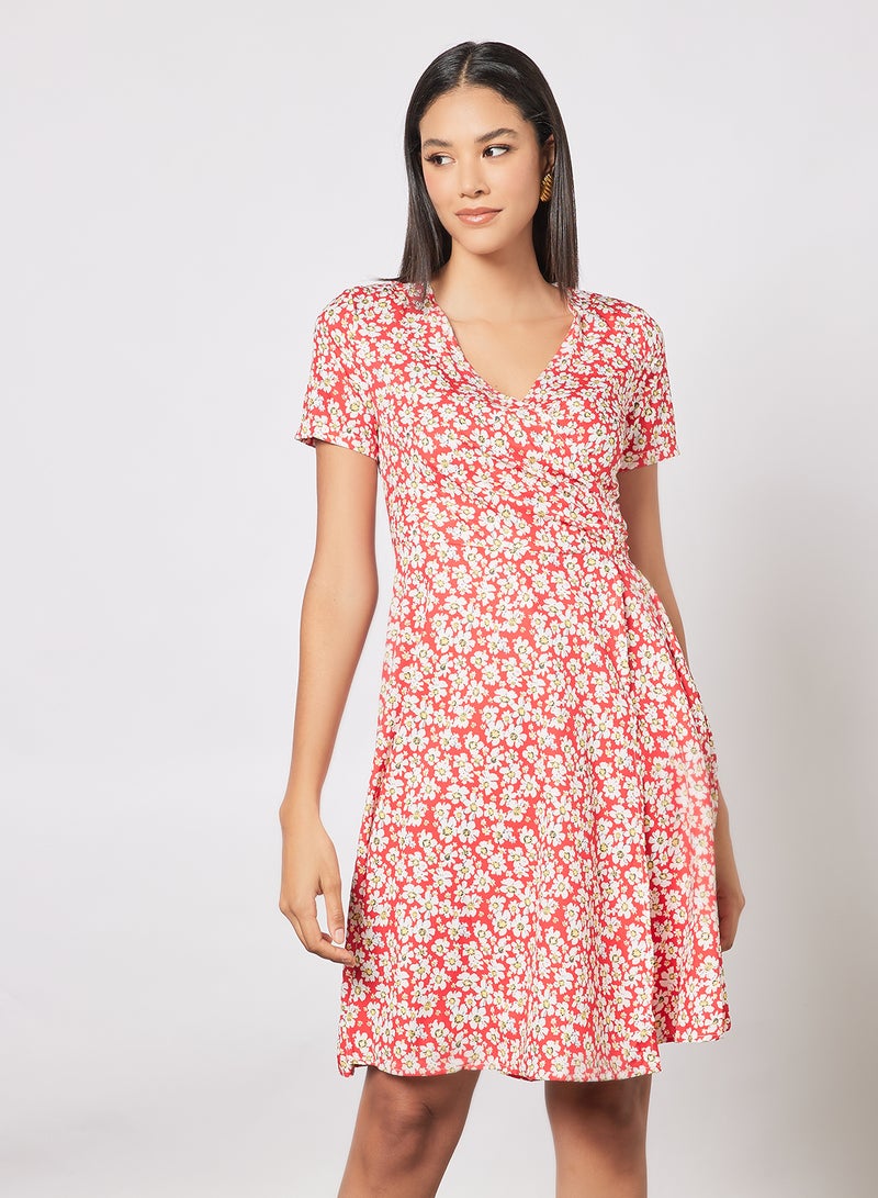 Aila Casual Short Sleeve Knee Length Belted Dress Wrap V-Neck Printed  Pattern Red - Image 1