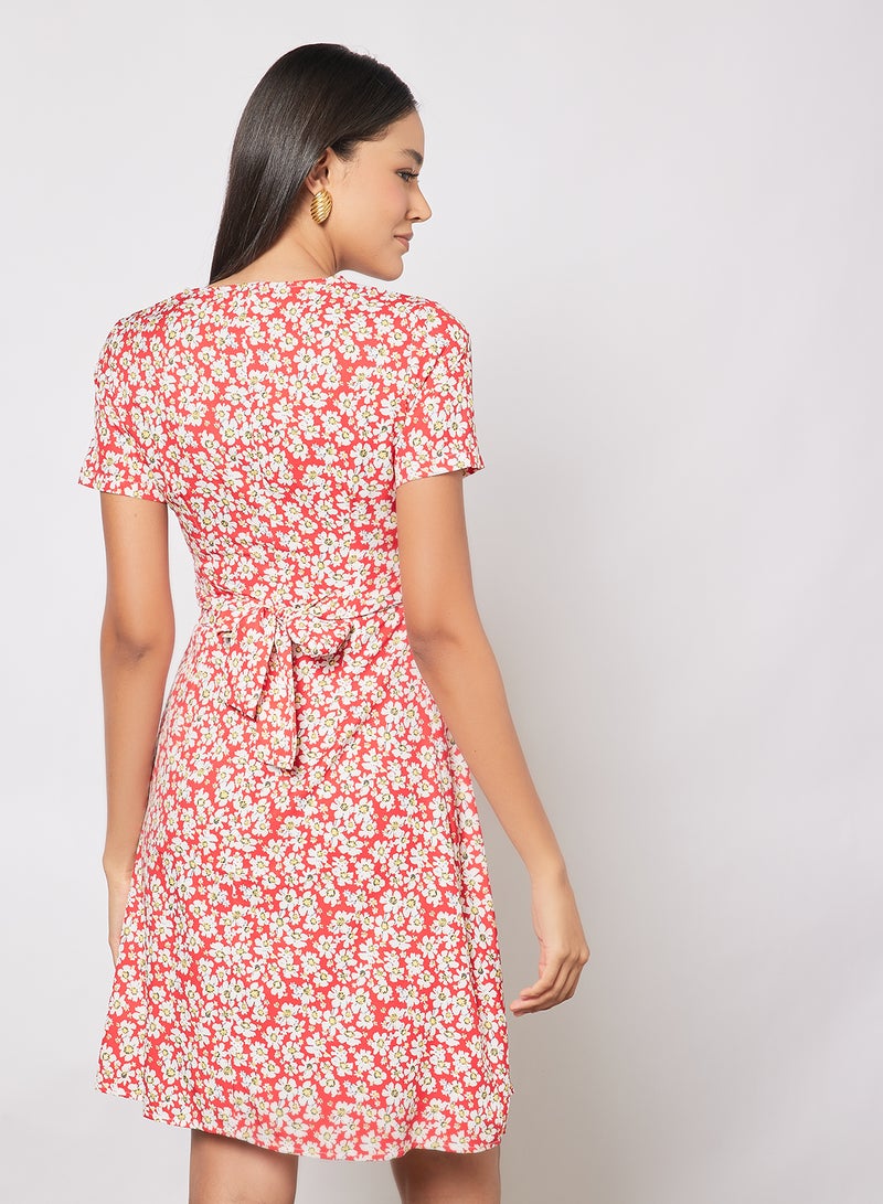 Aila Casual Short Sleeve Knee Length Belted Dress Wrap V-Neck Printed  Pattern Red - Image 2