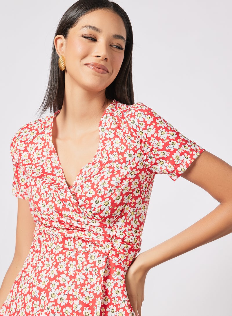 Aila Casual Short Sleeve Knee Length Belted Dress Wrap V-Neck Printed  Pattern Red - Image 4