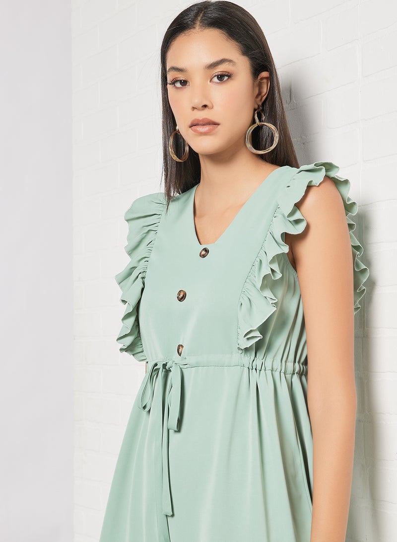 Aila - Casual V-Neck Sleeveless With Ruffle Mini A-Line Tie Up Dress Green - Image 1