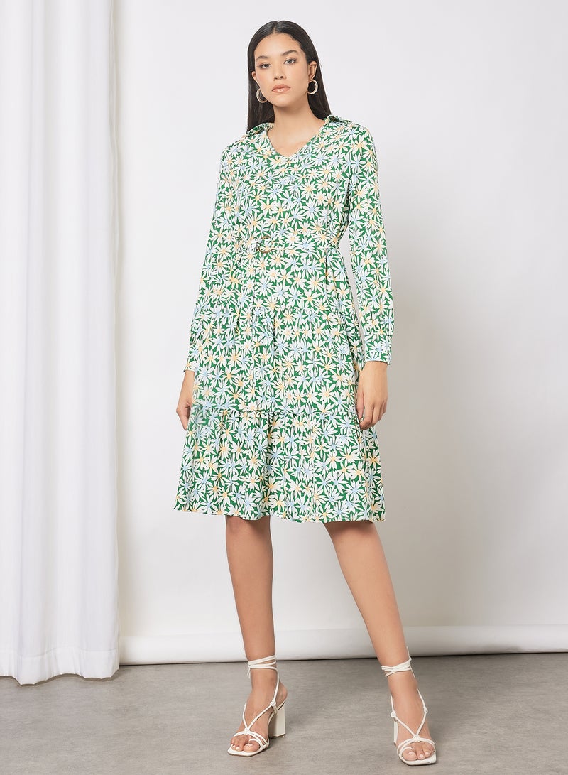 Aila - Casual V-Neck Long Sleeve Floral Print Midi Dress With Waist Belt Green - Image 1