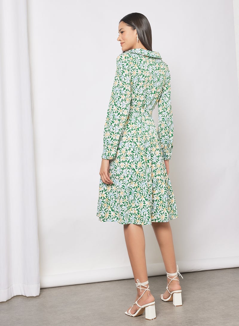 Aila - Casual V-Neck Long Sleeve Floral Print Midi Dress With Waist Belt Green - Image 1