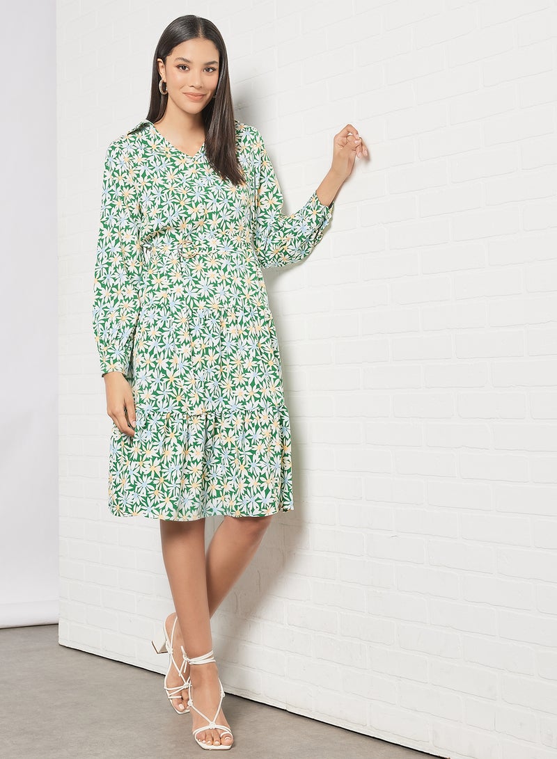 Aila - Casual V-Neck Long Sleeve Floral Print Midi Dress With Waist Belt Green - Image 1
