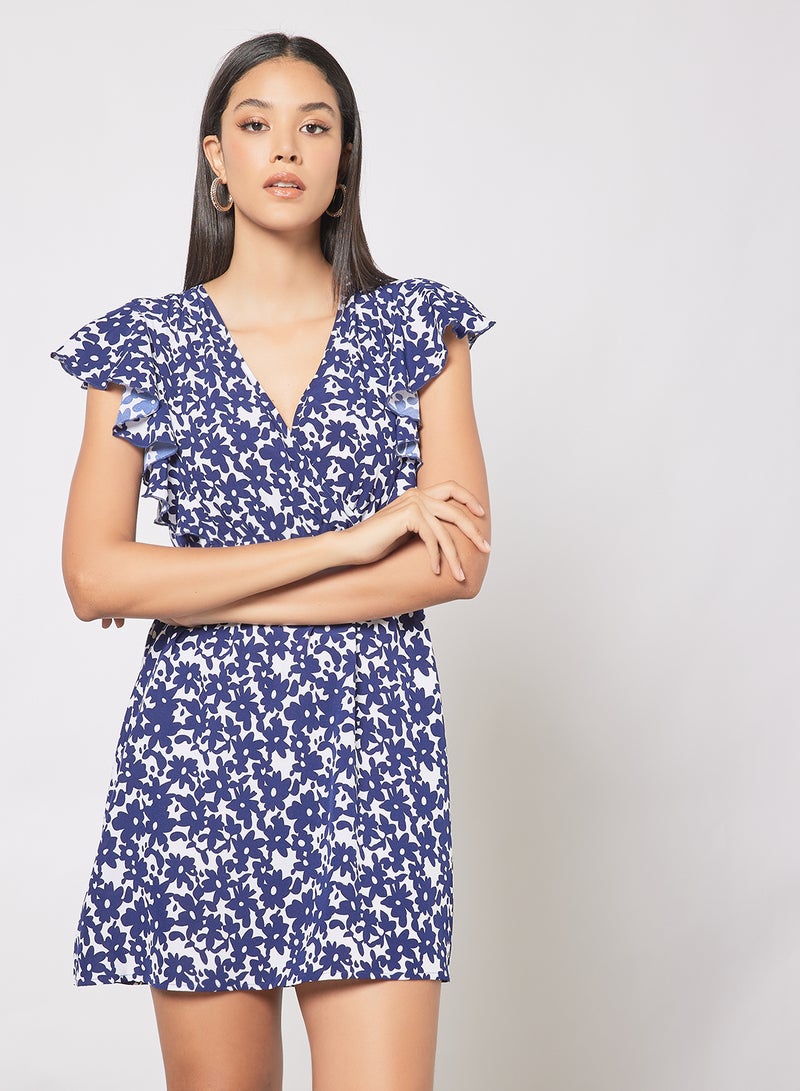 Aila - Casual Cross V-Neck Ruffle Sleeve Waist Pleated Printed Mini Dress Blue Print - Image 1