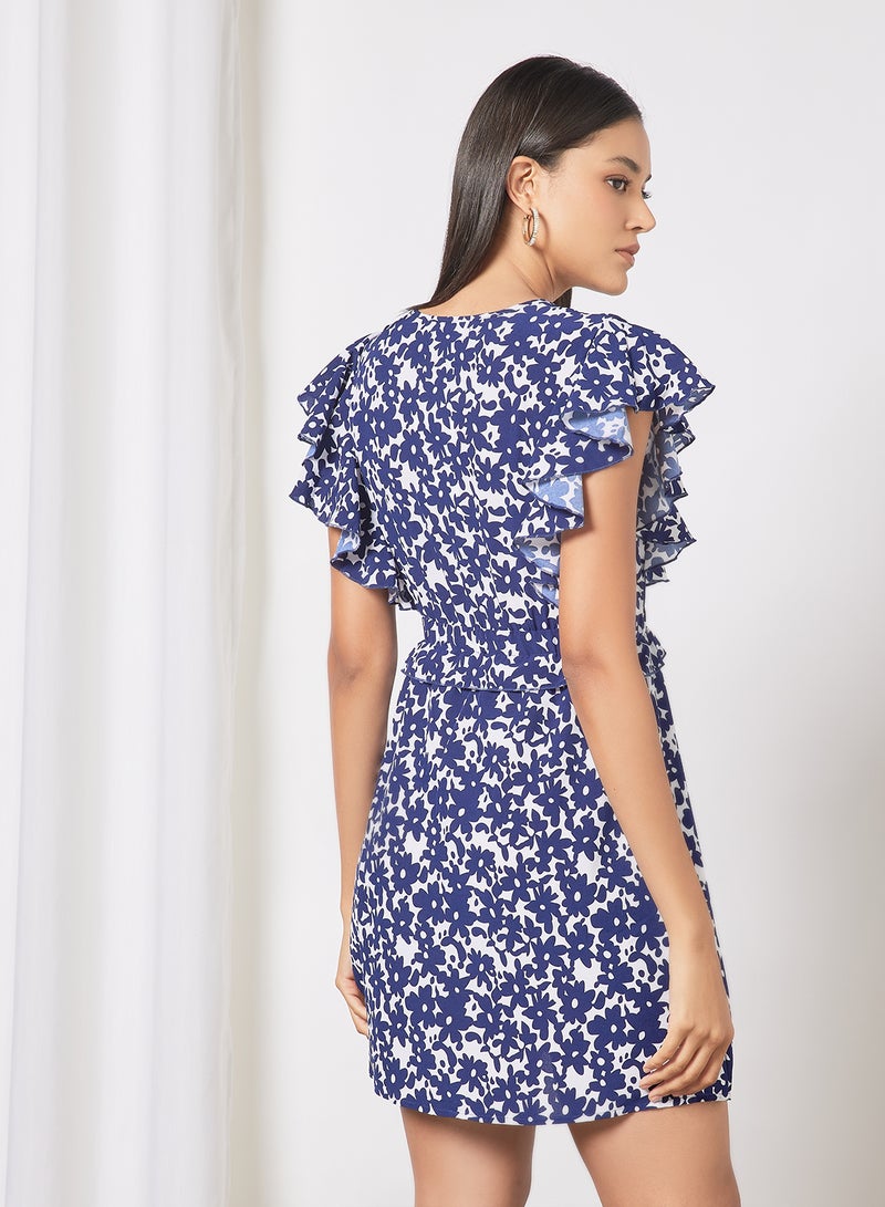 Aila - Casual Cross V-Neck Ruffle Sleeve Waist Pleated Printed Mini Dress Blue Print - Image 1