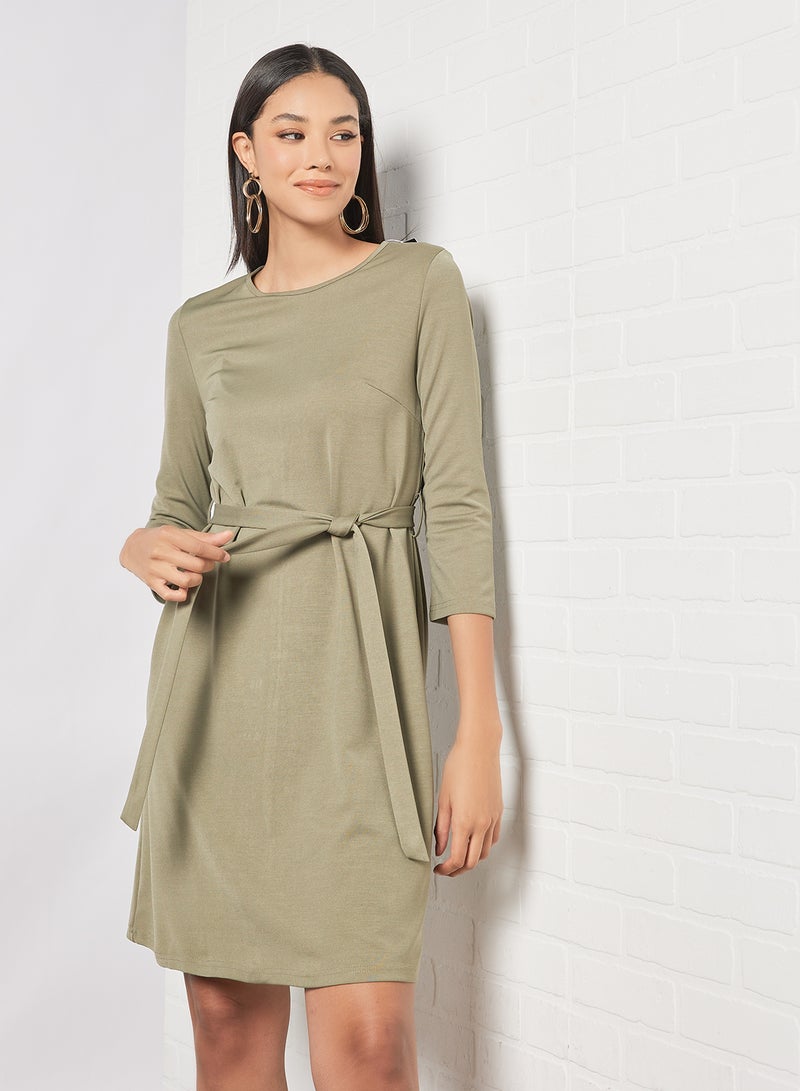Aila Casual Rayon Blend Three-Quarter Sleeve Knee length Belted Dress With Scoop Neck 105 Olive  - Image 1