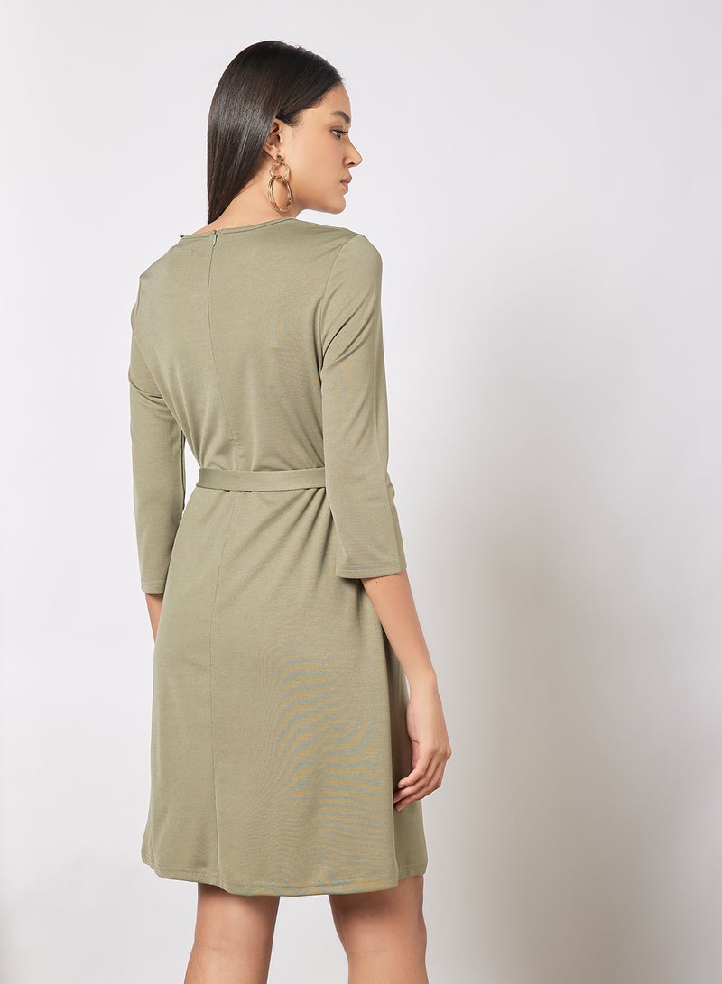 Aila Casual Rayon Blend Three-Quarter Sleeve Knee length Belted Dress With Scoop Neck 105 Olive  - Image 2