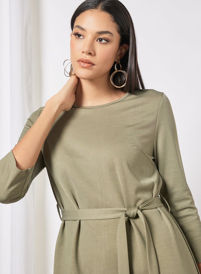 Aila Casual Rayon Blend Three-Quarter Sleeve Knee length Belted Dress With Scoop Neck 105 Olive  - Image 3