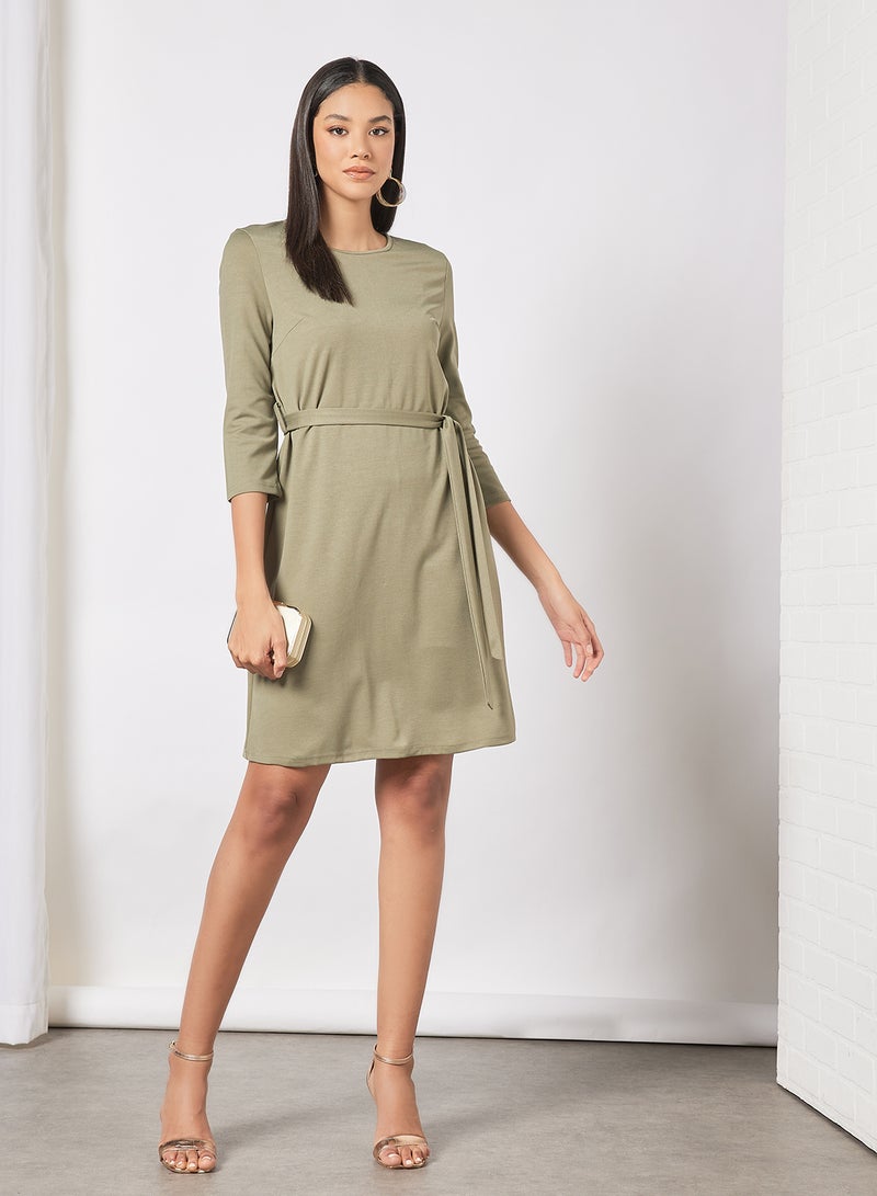 Aila Casual Rayon Blend Three-Quarter Sleeve Knee length Belted Dress With Scoop Neck 105 Olive  - Image 4