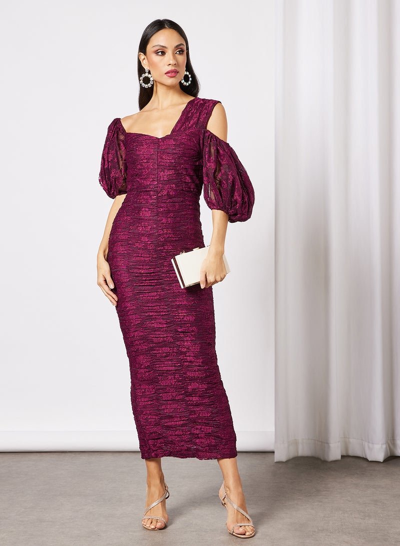 Threadz by Ajooni - Ruched Lace Bodycon Dress Maroon - Image 1
