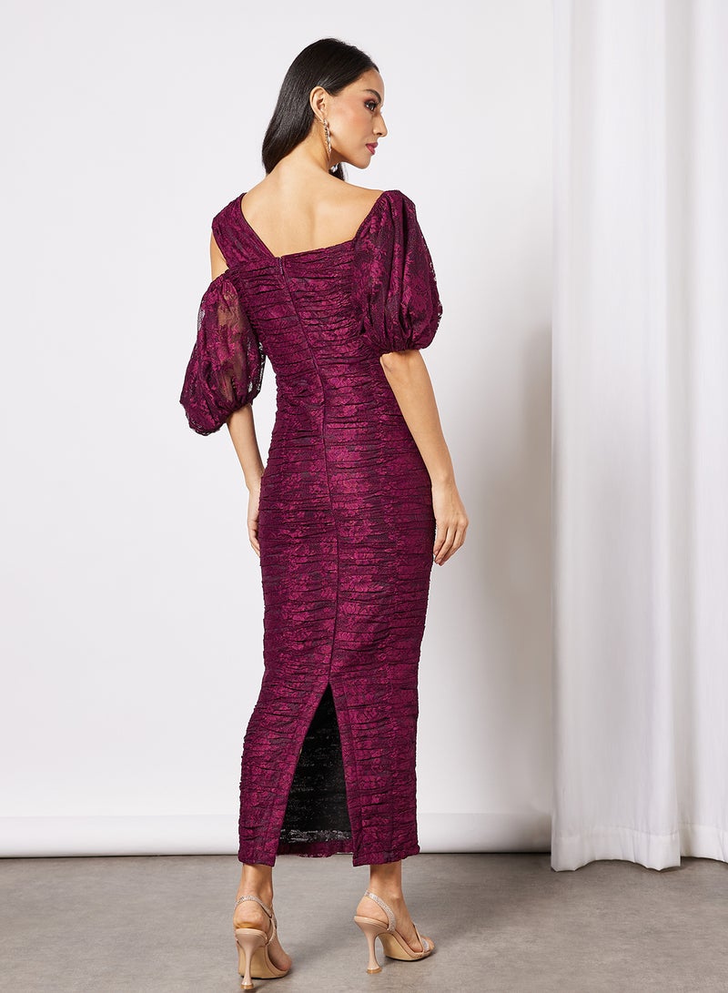 Threadz by Ajooni - Ruched Lace Bodycon Dress Maroon - Image 1