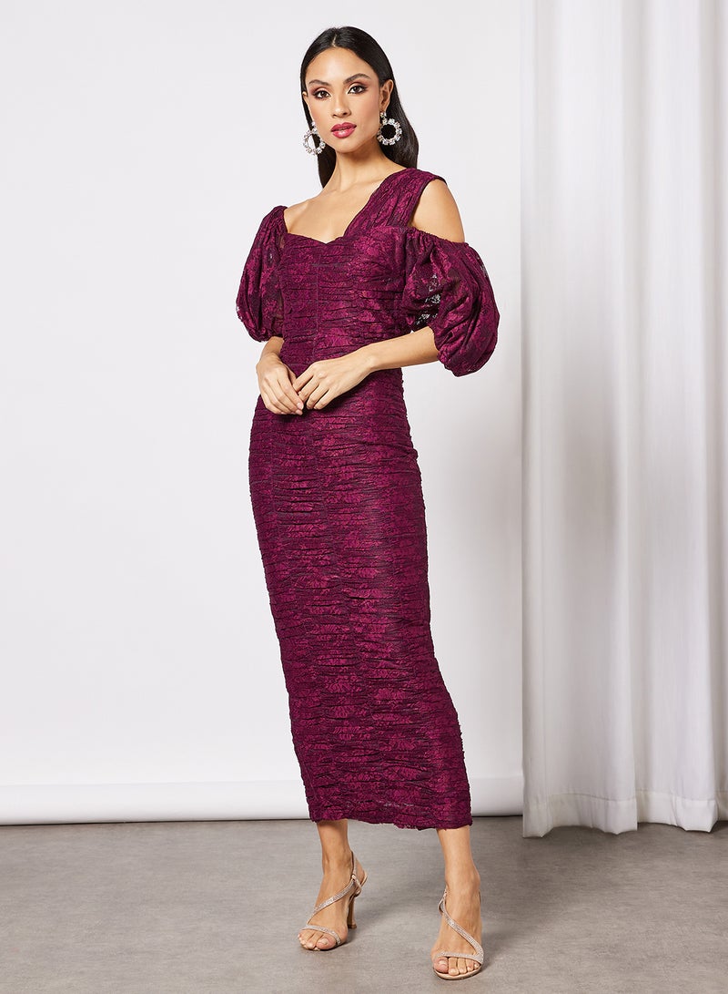 Threadz by Ajooni - Ruched Lace Bodycon Dress Maroon - Image 1