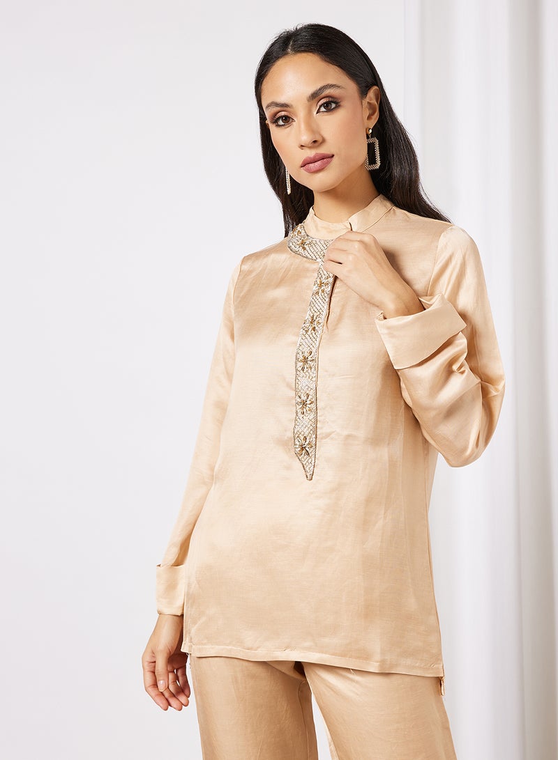 Threadz by Ajooni Embellished Co-Ord Pant Set Beige - Image 1