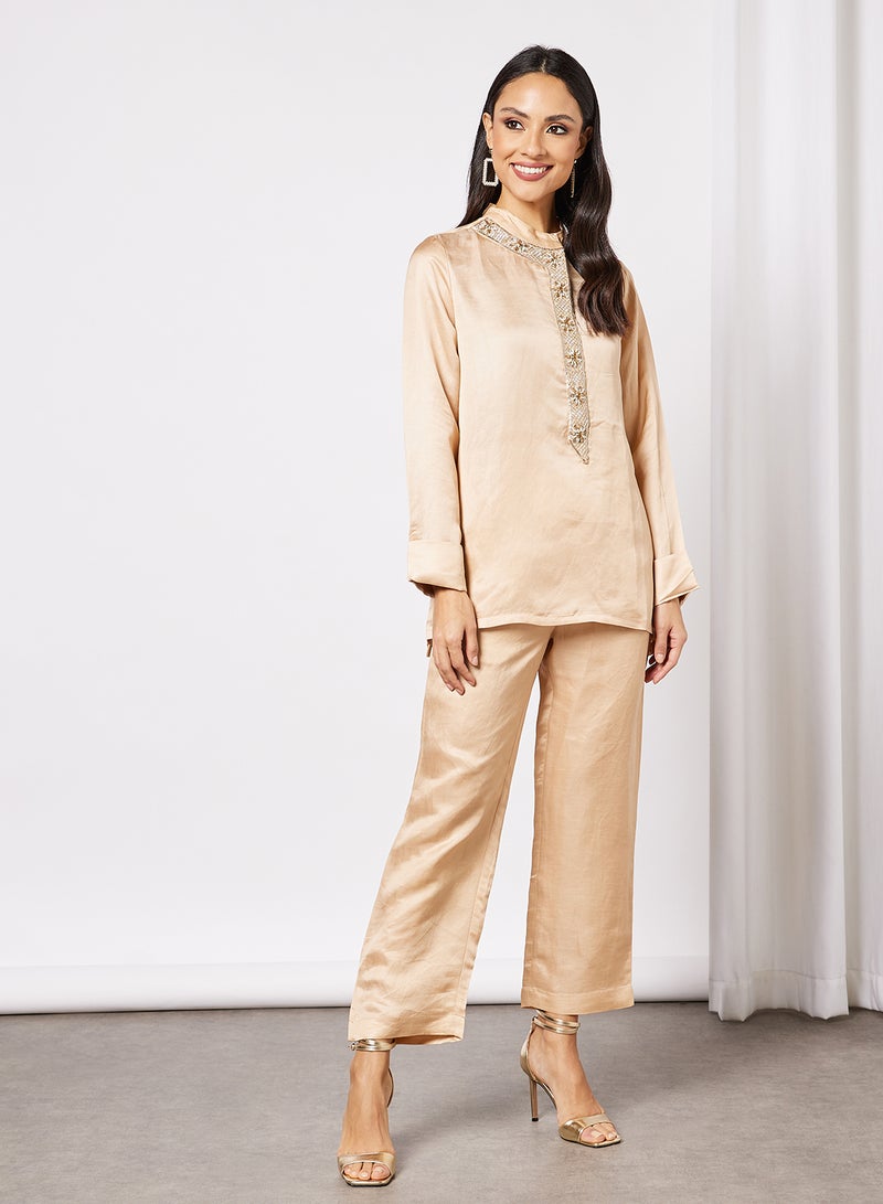 Threadz by Ajooni Embellished Co-Ord Pant Set Beige - Image 3