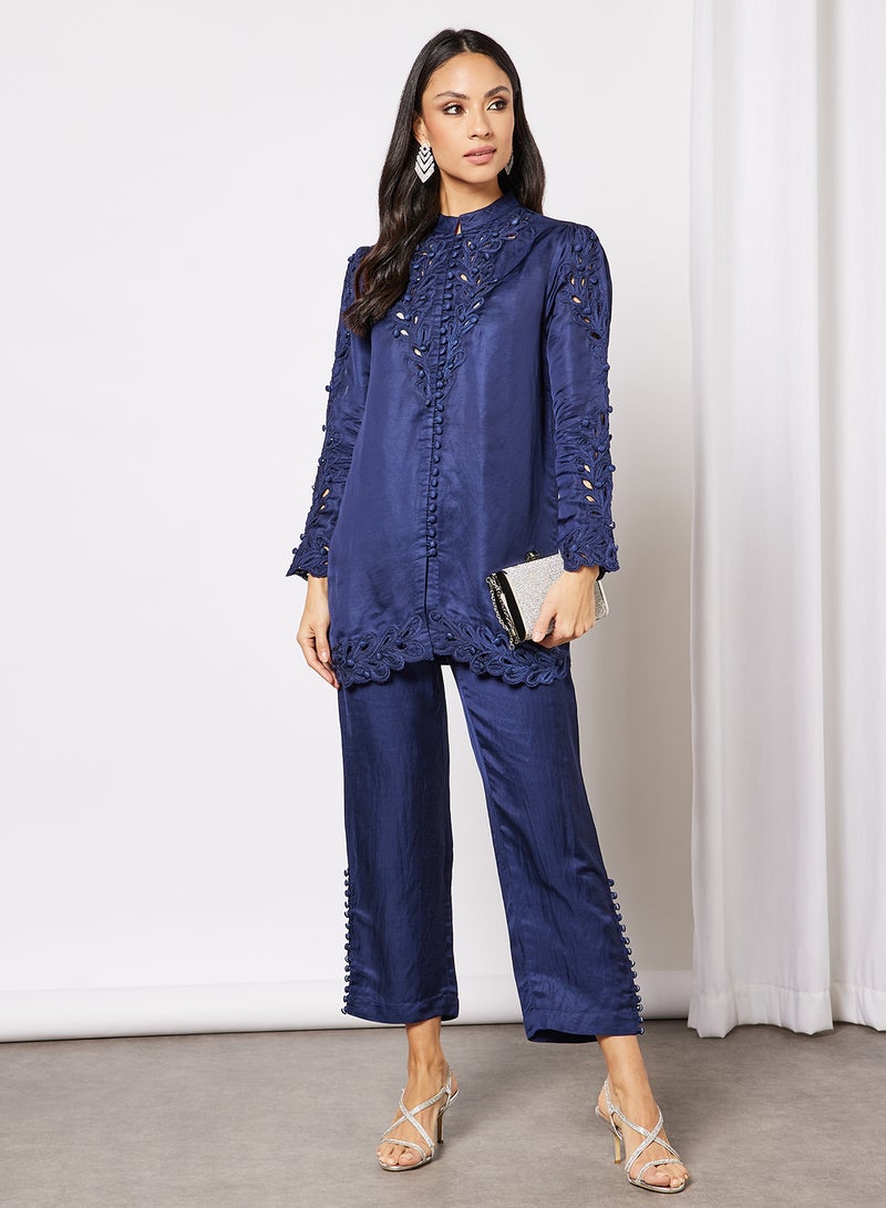 Threadz by Ajooni Cutwork Button Detail Pant Set Navy  - Image 1