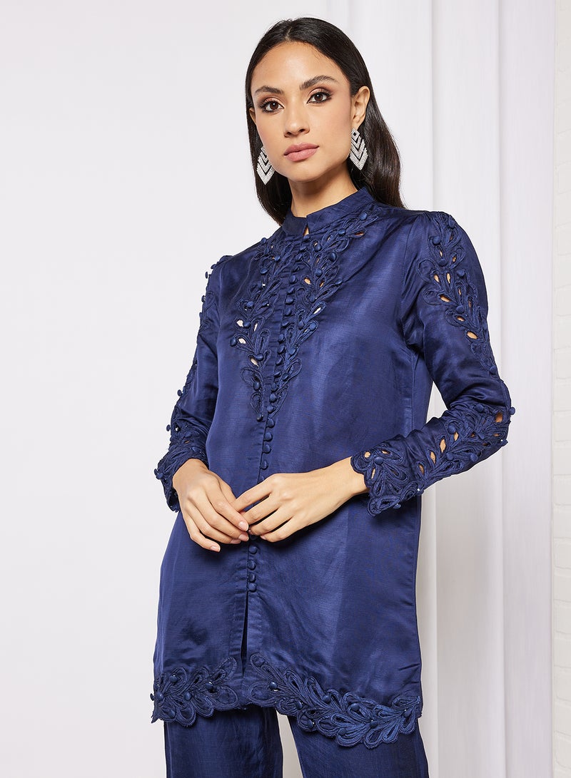 Threadz by Ajooni Cutwork Button Detail Pant Set Navy  - Image 3