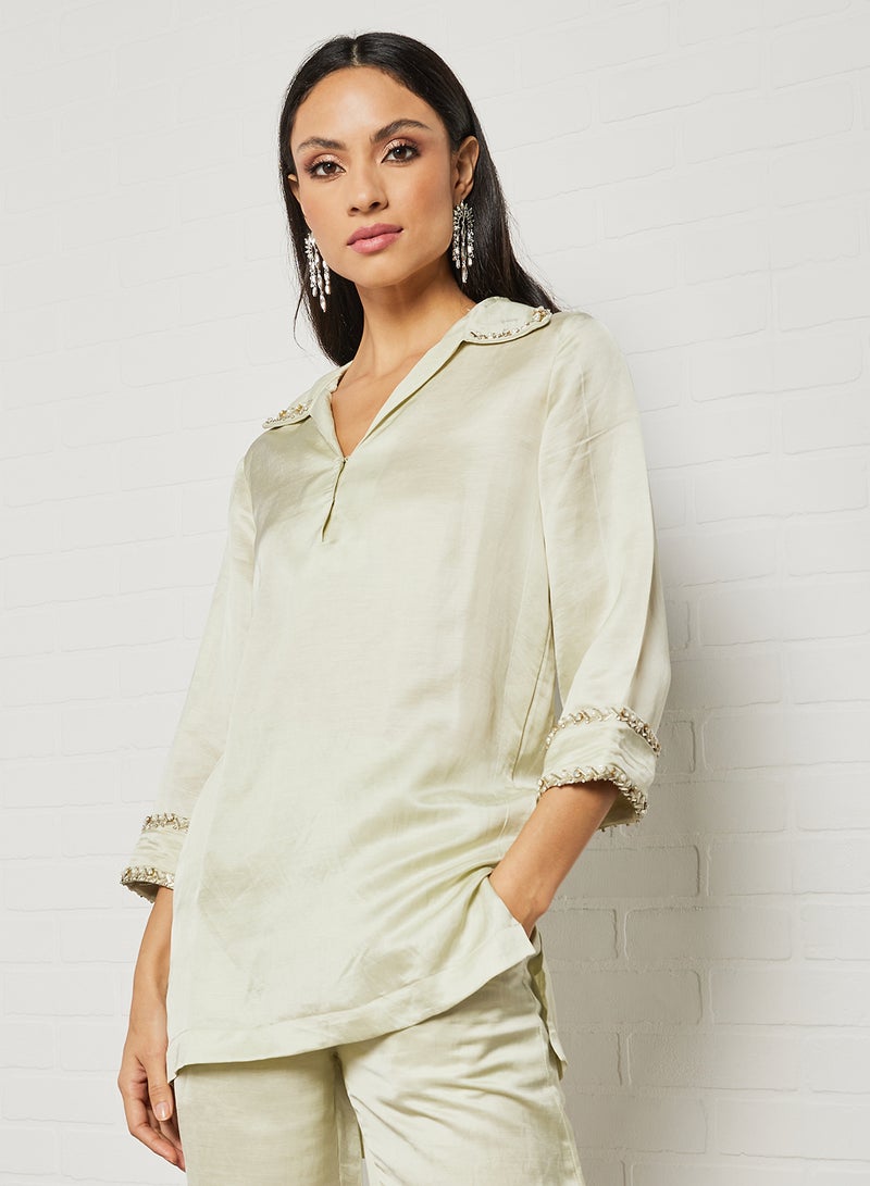 Threadz by Ajooni - Collar Neck Top And Pants Set Green - Image 1