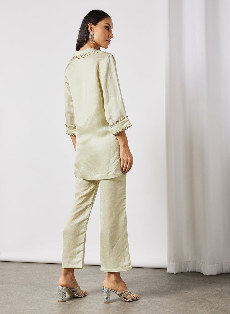 Threadz by Ajooni - Collar Neck Top And Pants Set Green - Image 1