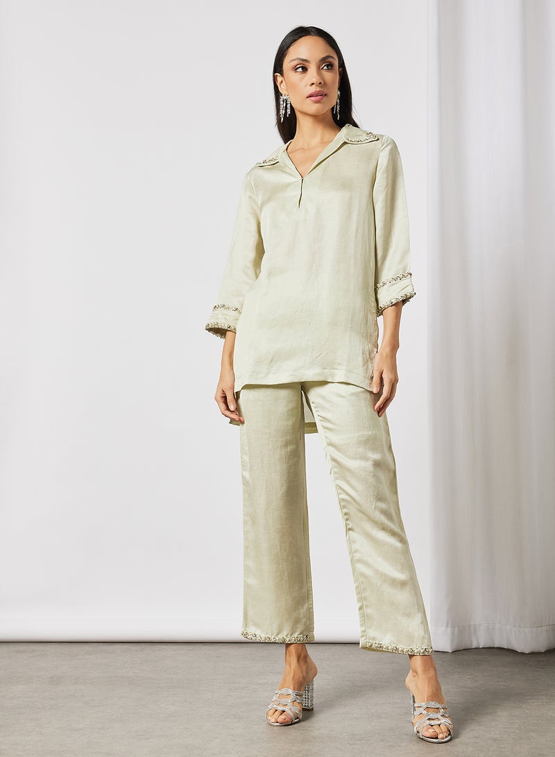 Threadz by Ajooni - Collar Neck Top And Pants Set Green - Image 1