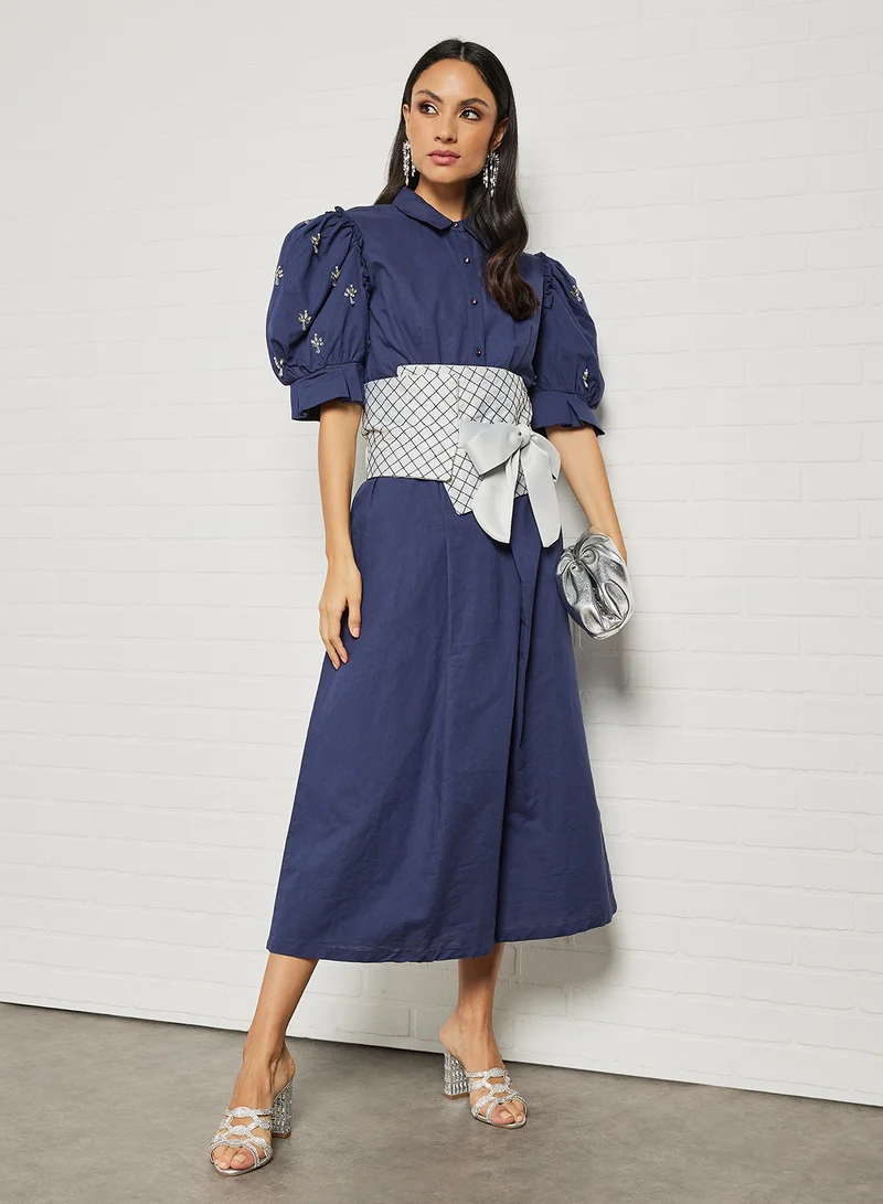 Threadz by Ajooni Contrast Belt Embellished Sleeve Midi Dress Navy