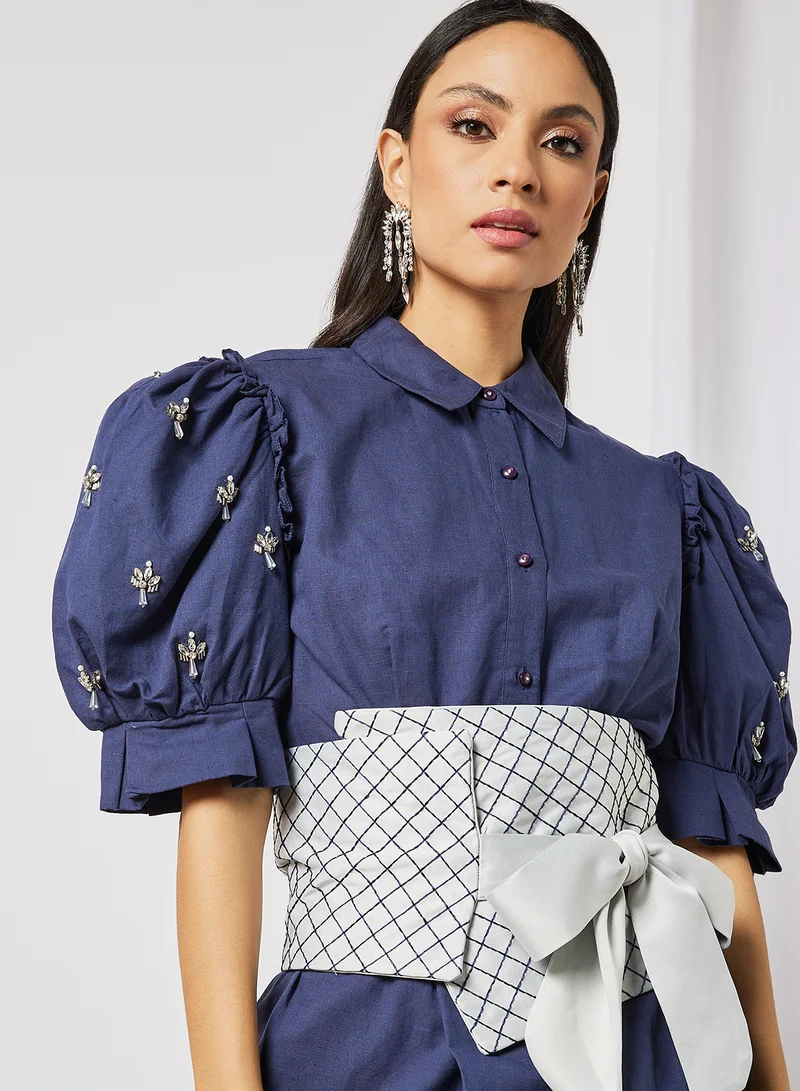 Threadz by Ajooni Contrast Belt Embellished Sleeve Midi Dress Navy