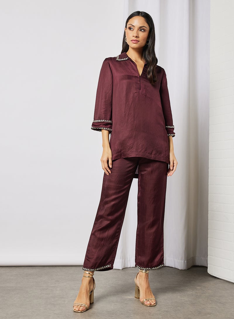 Threadz by Ajooni Collar Neck Top And Pants Set Brown  - Image 1