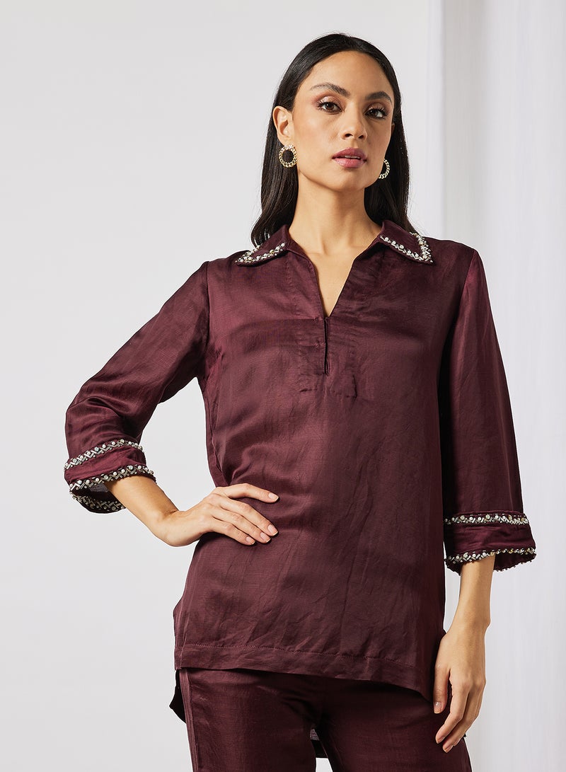 Threadz by Ajooni Collar Neck Top And Pants Set Brown  - Image 3