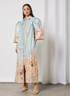 Threadz by Ajooni Printed Hem Front Buttoned Kaftan Dress Grey  - Image 1