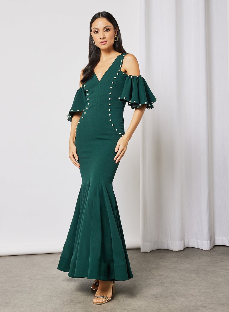 Threadz by Ajooni - Faux Pearl Detailed Bodycon Dress Green - Image 1