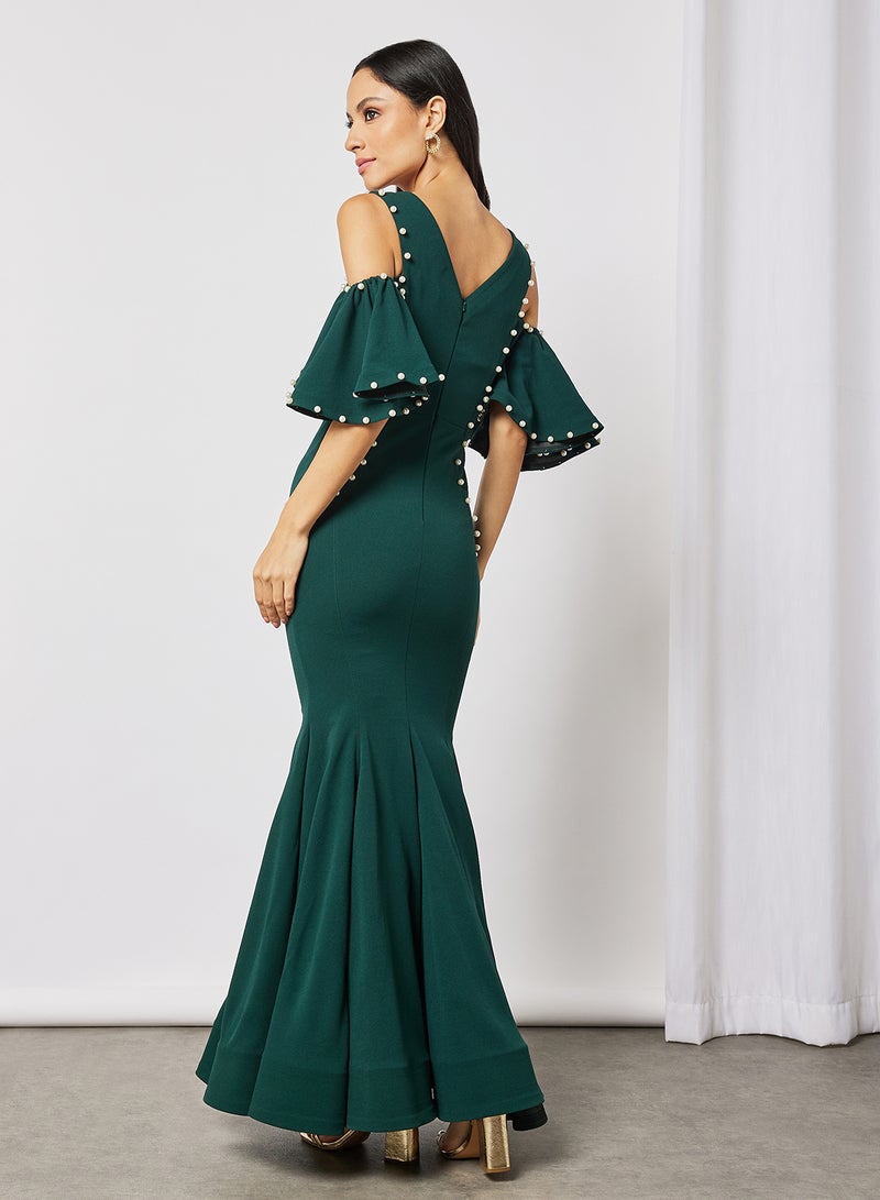Threadz by Ajooni - Faux Pearl Detailed Bodycon Dress Green - Image 1