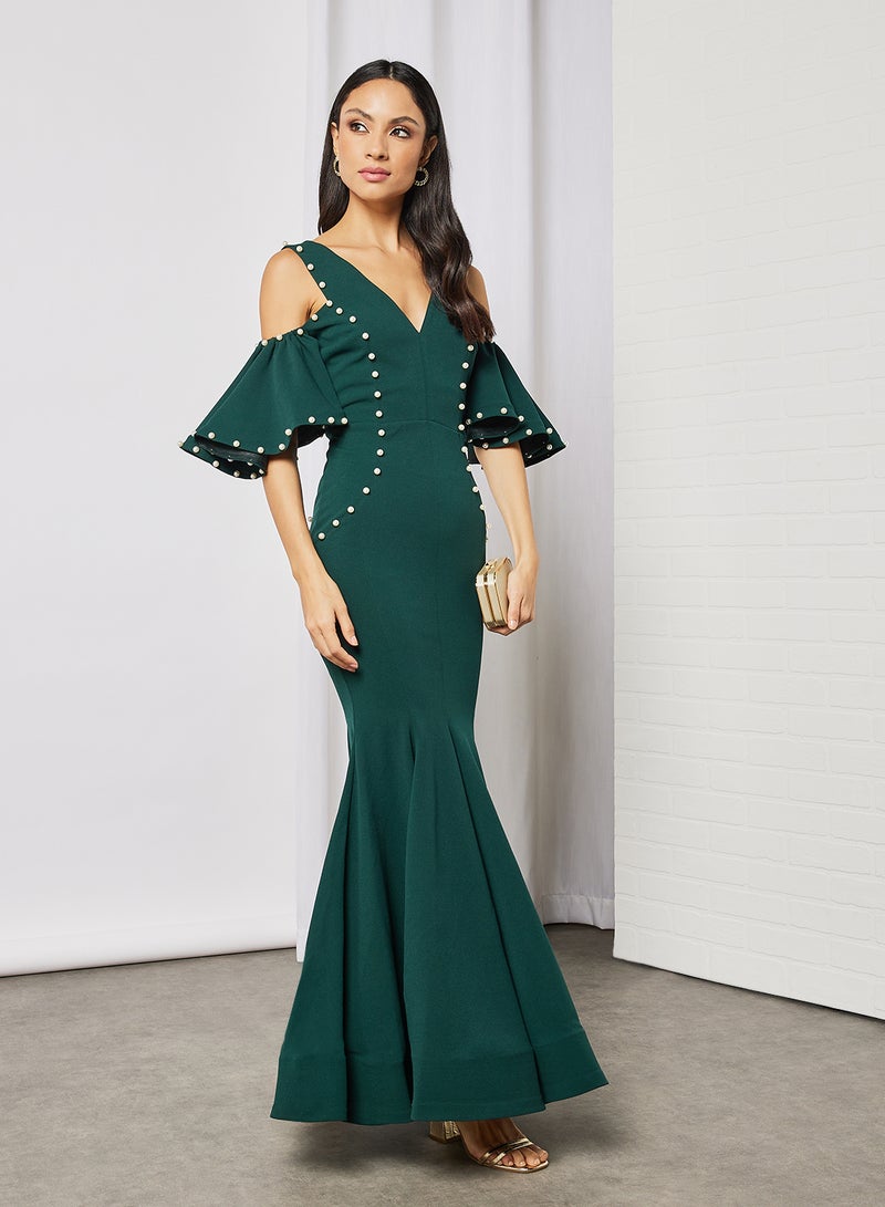 Threadz by Ajooni - Faux Pearl Detailed Bodycon Dress Green - Image 1
