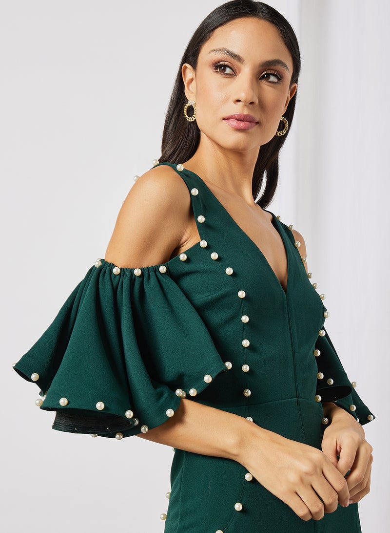 Threadz by Ajooni - Faux Pearl Detailed Bodycon Dress Green - Image 1