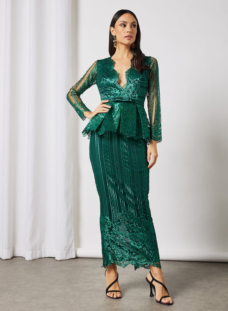 Plunge Neck Peplum Lace Dress Green - v1641818838/N43087445V_1