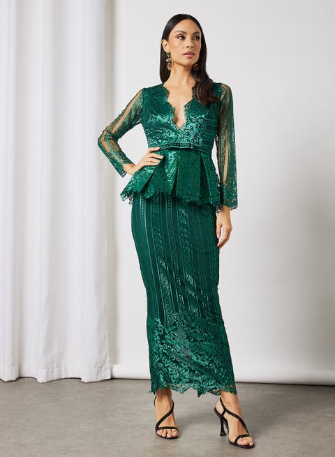 Plunge Neck Peplum Lace Dress Green
