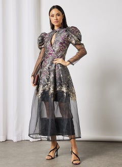 Threadz by Ajooni Floral Jacqurad Dress Multicolour  - Image 3