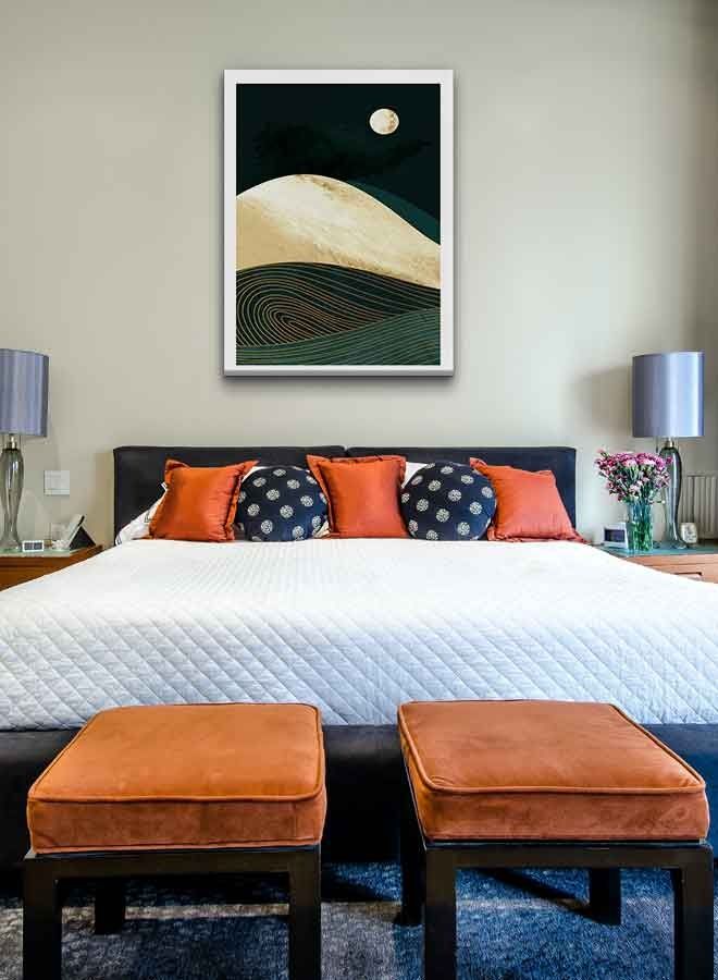 LOWHA - Sun Abstract Sea and Mountain Framed Canvas Wall Art Multicolour 60 x 80cm - Image 1