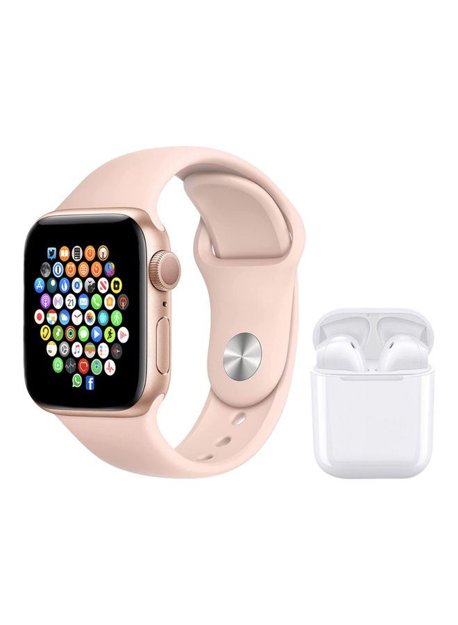 Black Tiger Notification Sync Feature Series 7 Smart Watch with Earbuds Pink/White  - Image 1