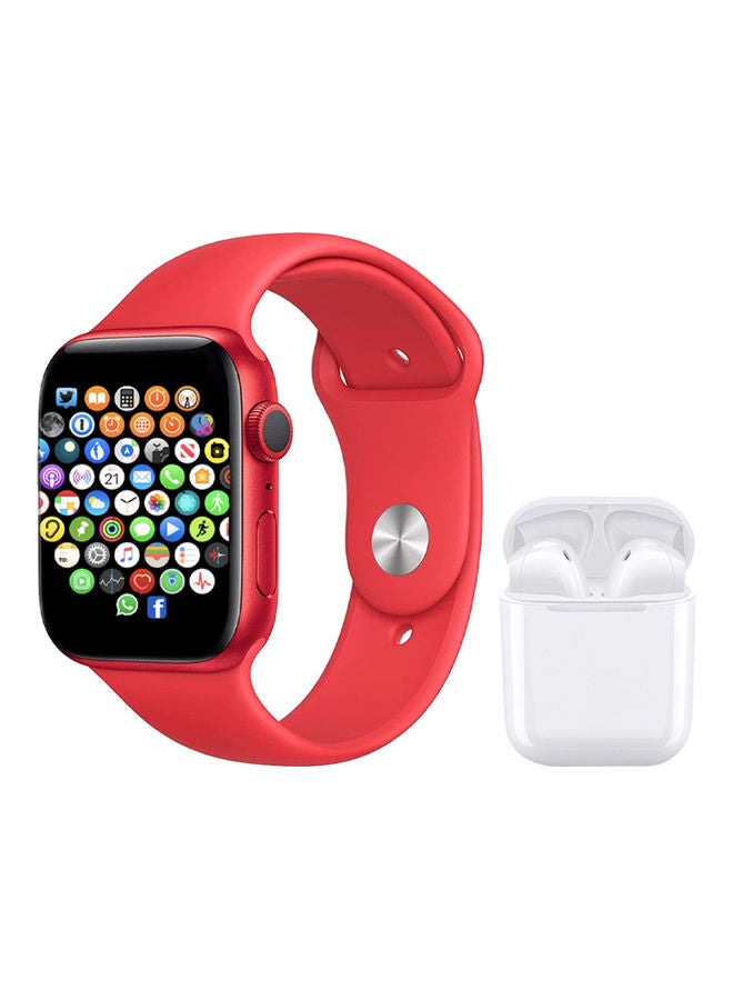 Black Tiger Notification Sync Feature Series 7 Smart Watch with Earbuds Red/White  - Image 1