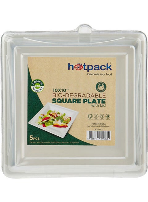 5-Piece Bio-Degradable Square Plate With Lid White 10x10inch