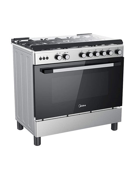 90X60Cm Freestanding Cooker, Full Gas Cooking Range With 5 Burners, Automatic Ignition And Full Safety, Cast Iron Pan Support, Stainless Steel Finish, Separate Knob For Oven And Grill LME95028FFD Silver/Black