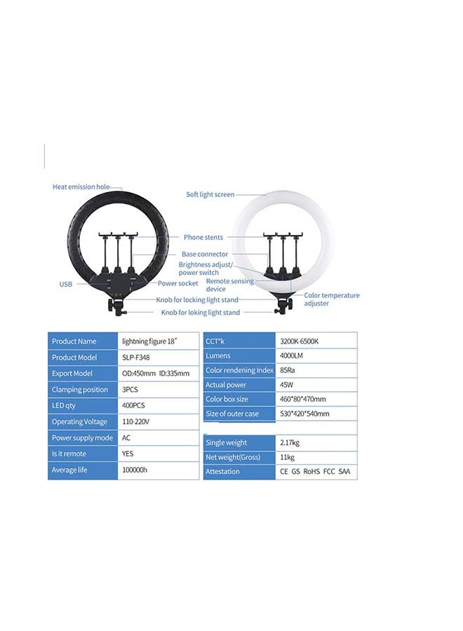 توشيونيكس حلقة إضاءة مقاس 18 بوصة مع حامل ثلاثي القوائم قابل للتعديل و 3 حوامل لهواتف الموبايل مع جهاز تحكم عن بعد متعدد الألوان - Image 2