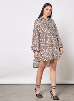 Casual Collared Neck Long Sleeve Oversized Shirt Dress 2 Chocolate Print - v1641886758/N49727854V_2