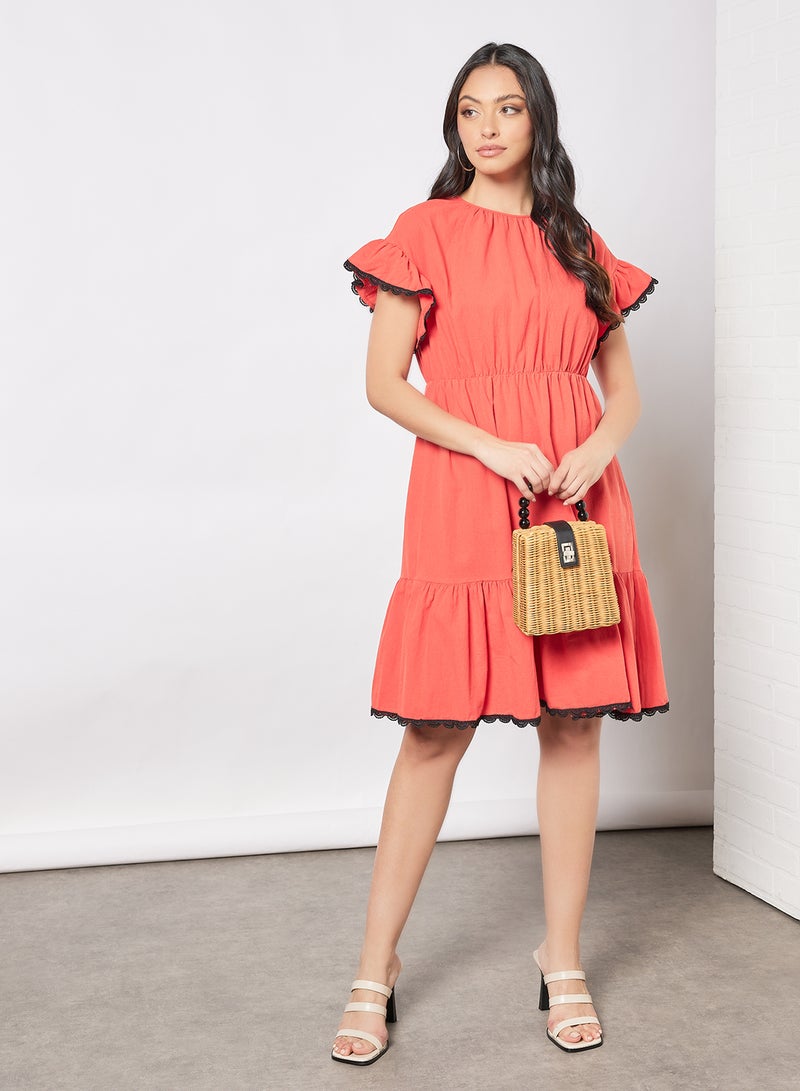 Aila - Casual Round Neck Ruffle Sleeve Layered A-Line Knee Length Dress 34 Red - Image 1