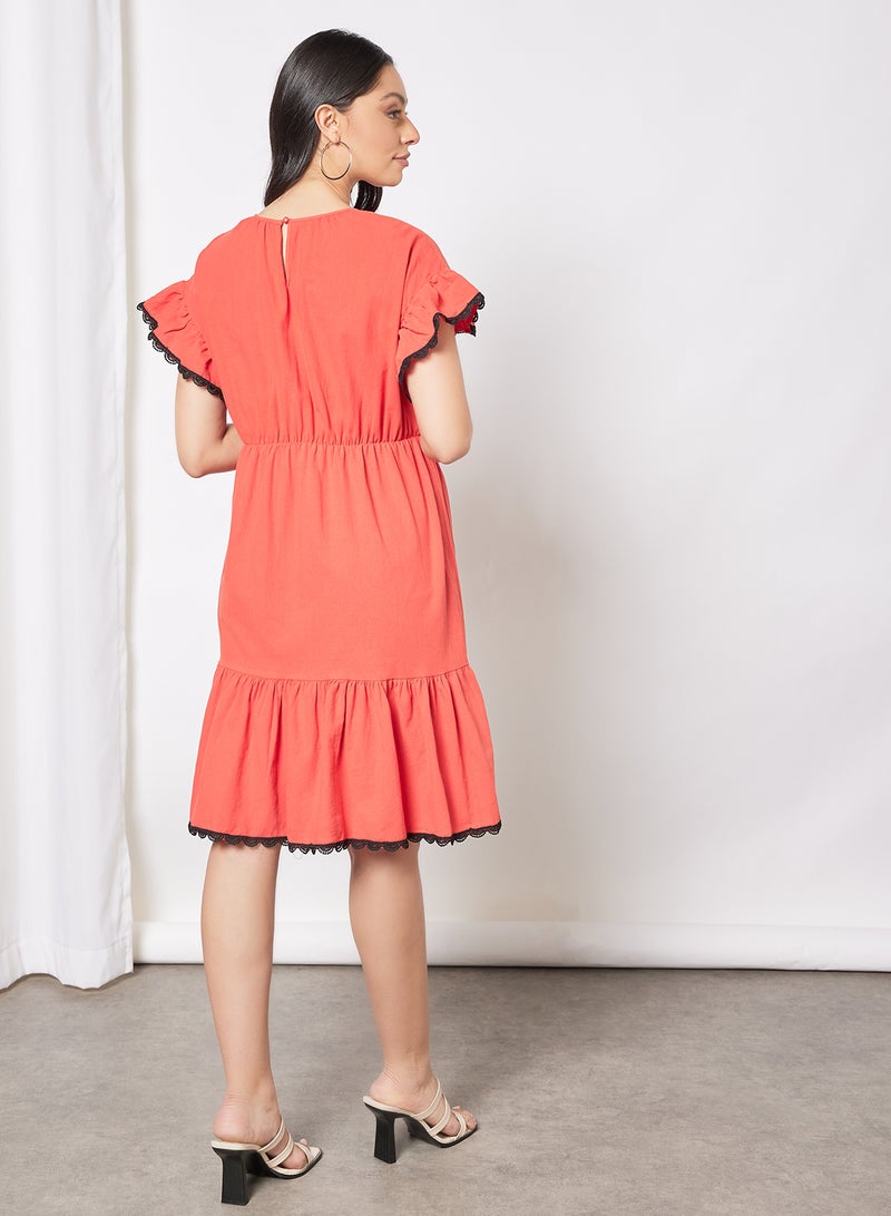 Aila - Casual Round Neck Ruffle Sleeve Layered A-Line Knee Length Dress 34 Red - Image 1
