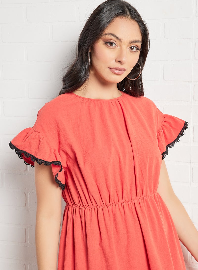 Aila - Casual Round Neck Ruffle Sleeve Layered A-Line Knee Length Dress 34 Red - Image 1