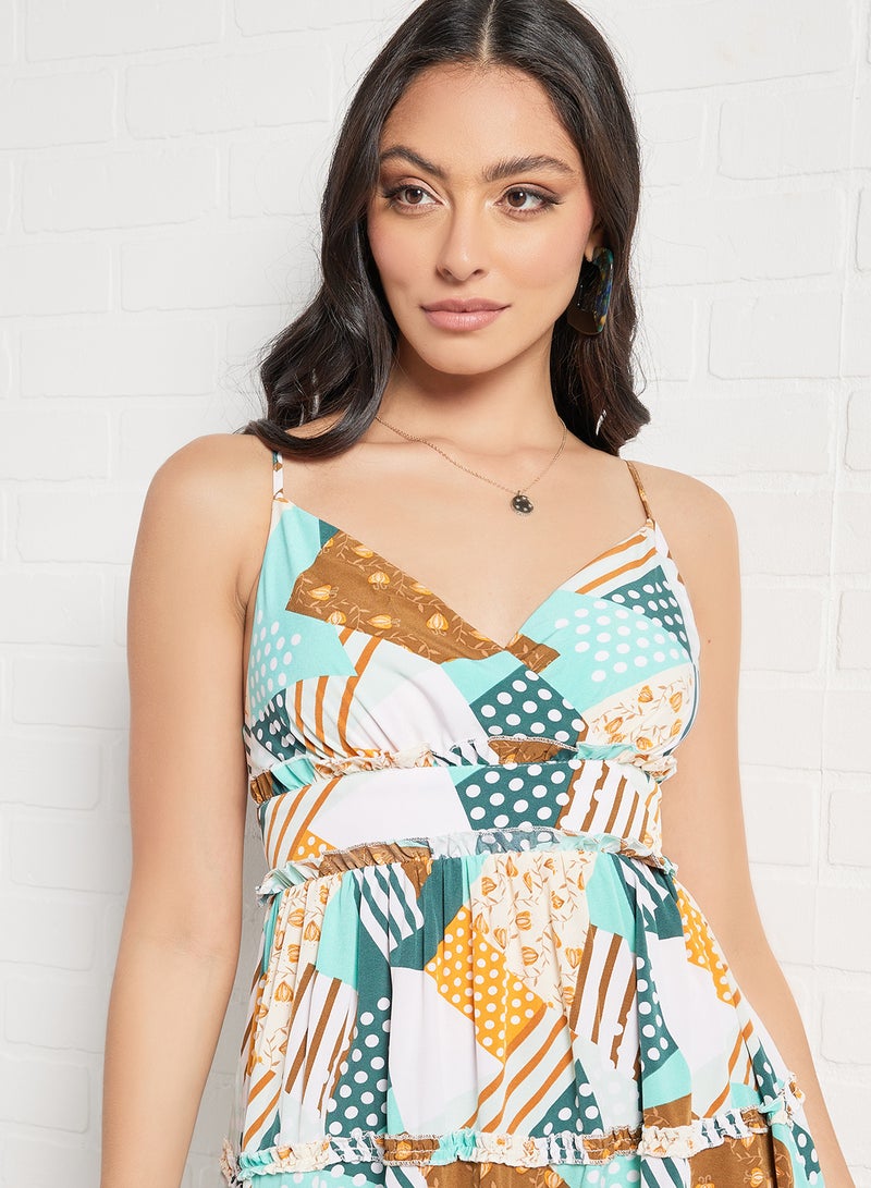 Aila Casual Polyester Blend Straps Layered Midi Dress With V-Neck Pattern Blue White Print - Image 2