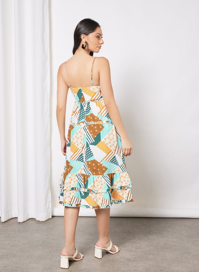 Aila Casual Polyester Blend Straps Layered Midi Dress With V-Neck Pattern Blue White Print - Image 3